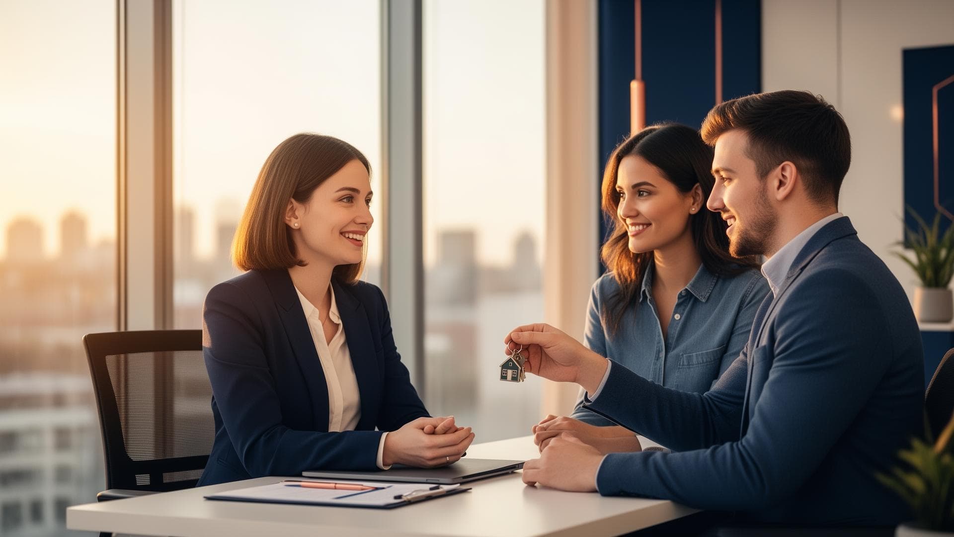 A mortgage loan officer meeting a couple holding house keys in a sunlit modern office — JavlinAI captures the next borrower inquiry in the background