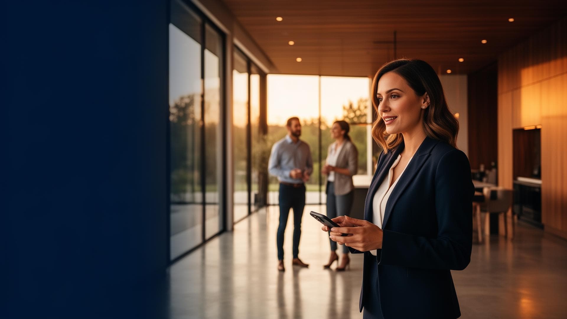 Real estate agent showing a luxury home while JavlinAI captures the next buyer inquiry